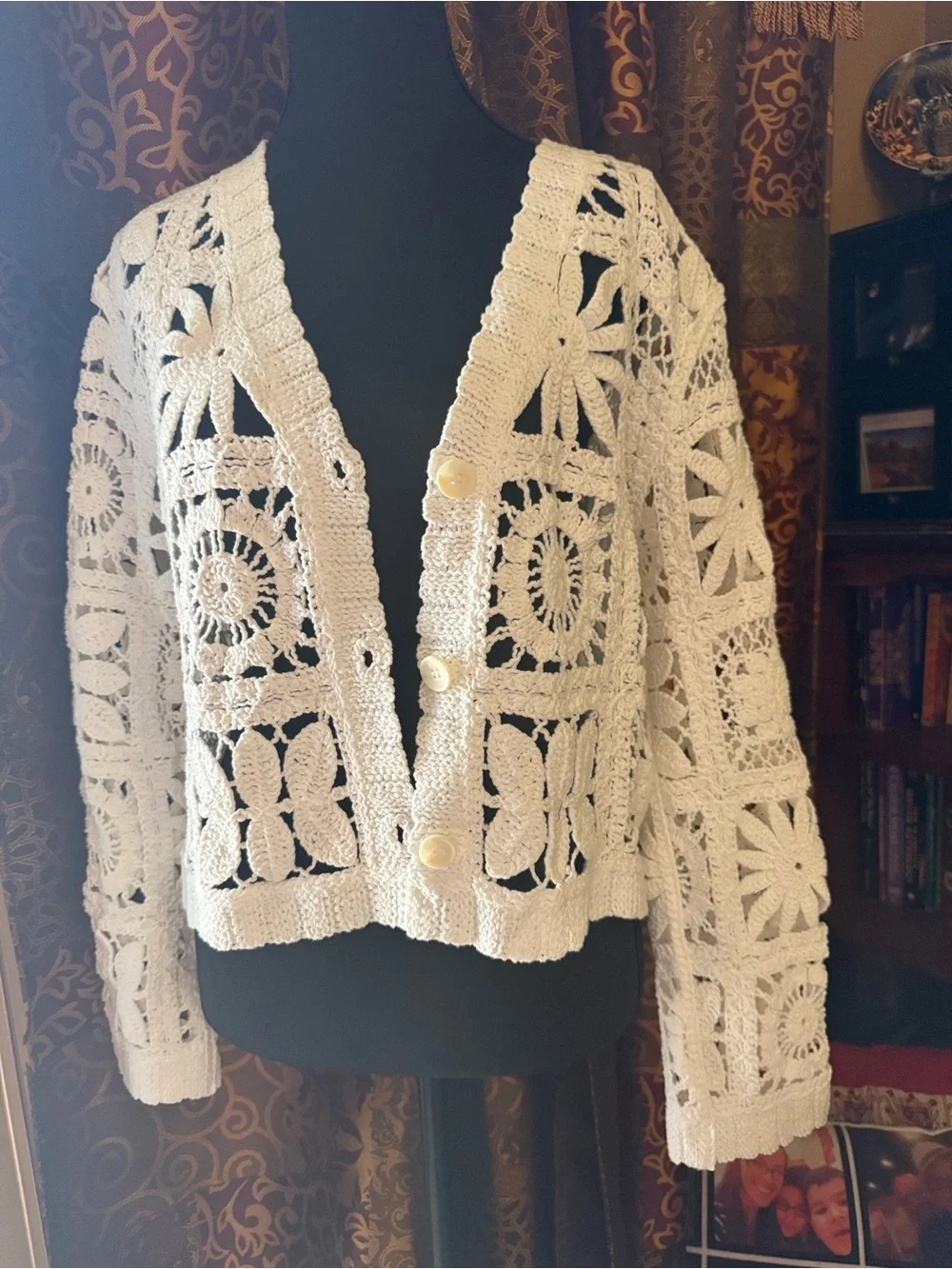 Mystree Cream Crochet Openwork V-Neck Cardigan
